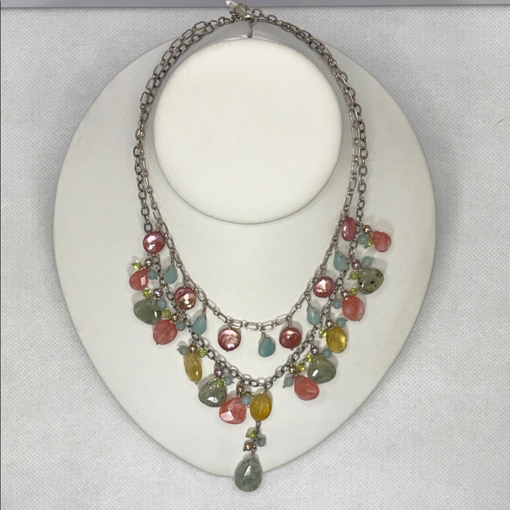 Vintage Artisan Handmade Multi Gemstone Two Row Sterling Silver Necklace